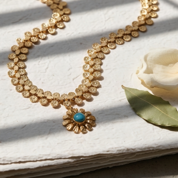 ๐18K Stainless Steel Vintage Boho Chic Flower Necklace Flower Turquoise Charm - Picture 8 of 11